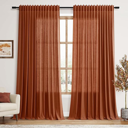 Nanspring Extra Wide Linen Curtains for Living Room 90 Inches Long Terracotta Light Filtering Semi Sheer Boho Farmhouse Curtain for Bedroom Office Luxury Back Tab and Rod Pocket 100x90, 2 Panels