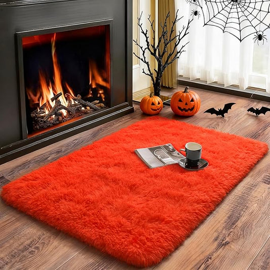 Merelax Fluffy Rug Shaggy Area Rug, Orange Red 2x3 Small Rugs for Fireplace Holiday Dearations, Mini Fuzzy Plush Kids Bedside Rug, Soft Non-Slip Entryway Throw Rugs Shag Catpet for Living Room