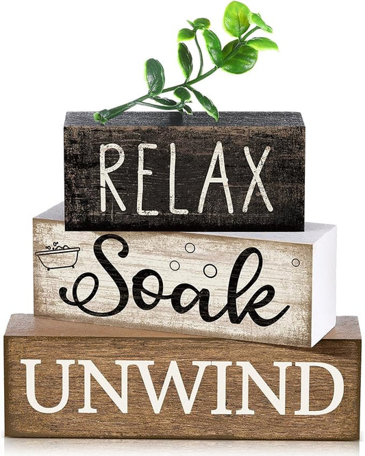 4 Pcs Bathroom Shelf Decor Sign Farmhouse Bathroom Decor and Accessories Rustic Eucalyptus Leaves Wood Block Sign Gift Relax Soak Unwind Farmhouse Table Centerpiece for Home Toilet