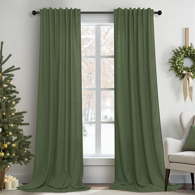 Olive Green Linen Curtains 84 Inch Length for Living Room 2 Panels Back Tab Pocket Moss Green Boho Drapes Light Filtering Sheer Cotton Neutral Aesthetic Army Green Boho Curtains for Bedroom 52x84 Long