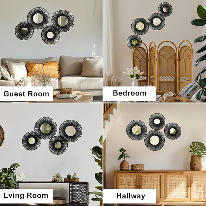 4 Pack Macrame Hanging Basket Wall Art - Decorative Woven Basket Boho Wall Hanging, Rustic Black Round Mirrors Natural Cotton Home Decor Set for Bedroom Living Room Nursery