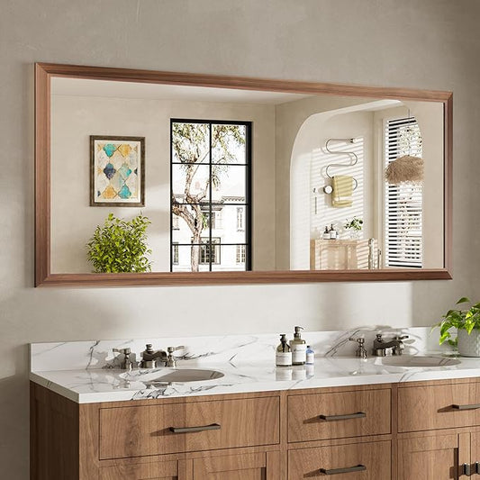 72x32 Inch Bathroom Mirror for Wall, Anti-Rust Walnut Wood Grain Metal Framed Bathroom Mirrors for Over Sink,Rectangler Mirrors for Bathroom Vanity, Farmhouse, Bedroom, Living Room, Entryway Decor