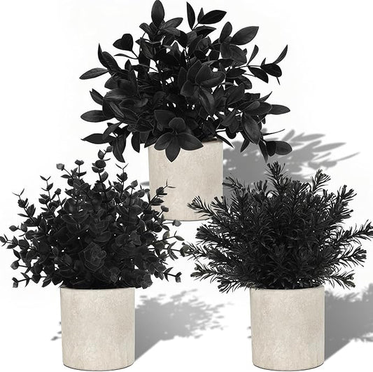 Der Rose 3 Pack Mini Potted Fake Plants Artificial Plastic Eucalyptus Plants Topiaries for Home Office Desk Farmhouse Shelf Room Bathroom Decor(Black)