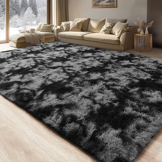 Merelax Modern Soft Fluffy Small Shaggy Rug for Bedroom Livingroom Dorm Kids Room Indoor Home Decorative, Non-Slip Plush Furry Fur Area Rugs Comfy Nursery Floor Carpet 7X10 Feet,Tie-Dyed Deep Grey