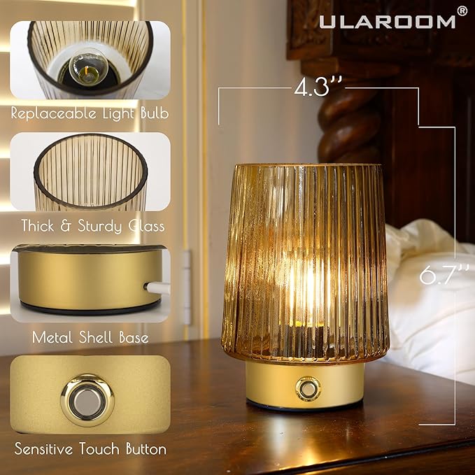 Cordless Lamp Rechargeable Battery Operated lamp, Glass Small Table lamp - Portable Dimmable Brightness Touch Wireless Bedside Lamp for Bedroom/Kitchen/Entryway/Home Living Room Decor, Yellow