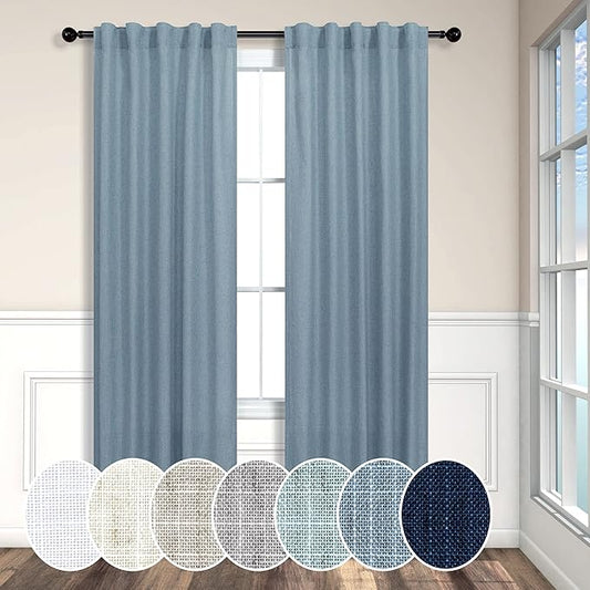 Light Blue Curtains 38 Inch Wide for Living Room 2 Panels Back Tab Pocket Light Reducing Semi Sheer Linen Long Skinny Small Country Blue Curtains for Bedroom Side Windows Grey Blue Width 38x84 Length
