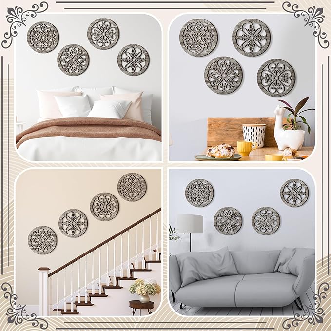 Yulejo 4 Pcs Thicken Rustic Wall Decor Farmhouse Kitchen Wall Round Art Wooden Hollow Carved Design Rustic Art for Living Room Bedroom Hallway Decor (15.7 x 15.7 Inch,Retro White)