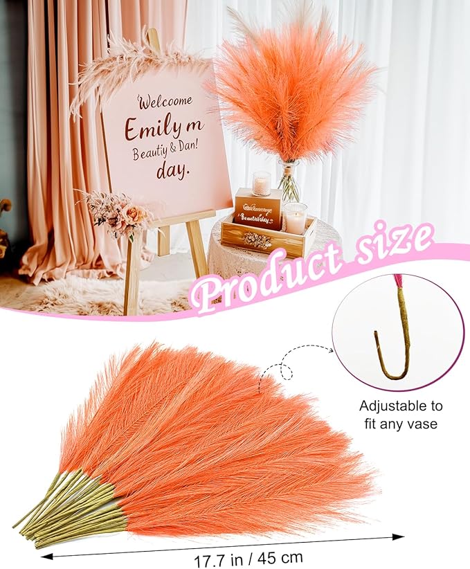 60pcs Orange Faux Pampas Grass Decor, 17.7inch Short Artificial Pompous Grass Fluffy Fall Fake Pompas Grass Branches Vase Filler Flower Arrangement for Home Wedding Boho Centerpieces Decor