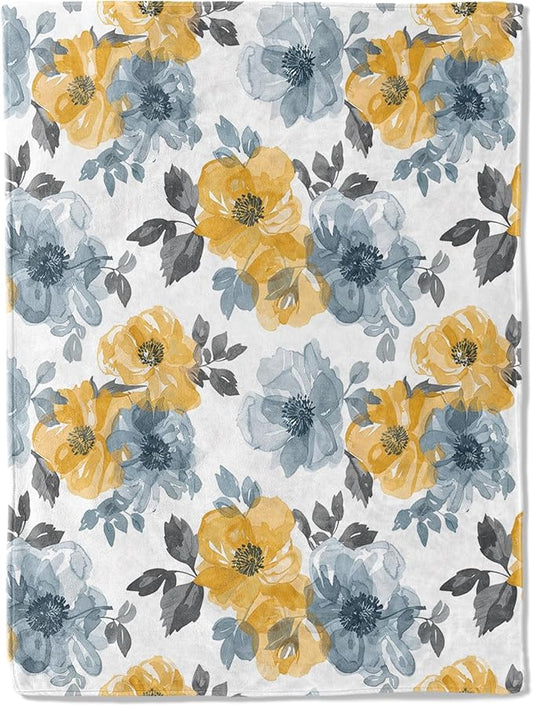 Elegant Floral Throw Blanket 40x50 in, Chic Yellow Blue Flower Blankets for Couch Bedroom Living Room Indoor Decor, Lightweight Soft Cozy Bedding Birthday Gift for Kids Boys Adults