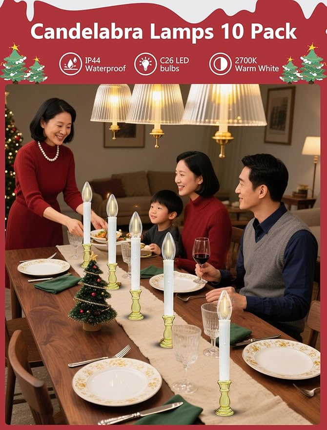 10 Pack Christmas Window Candles Lights, Battery Operated Flameless Candles with C26 LED Bulbs, 6-18H Timed Christmas Electric Candle Holders for Indoor Window Wedding Party Xmas Decor, Gold Base