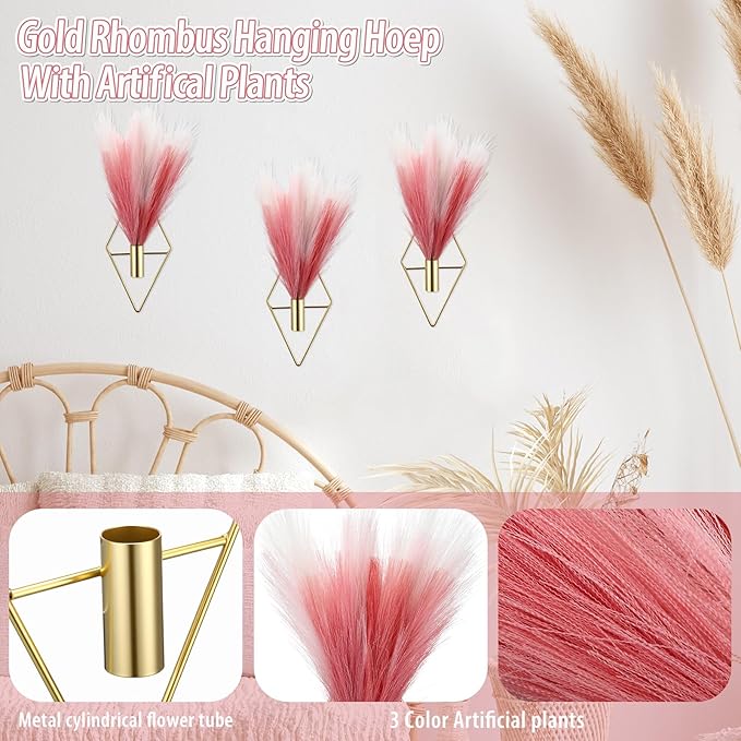 Hanaive 4 Sets Boho Wall Decor Metal Wall Art Hanging Planters with Artificial Pampas Display Modern Home Vase for Bedroom Home Office(Bean Paste Color, Beige, Light Pink,Gradient Pink)