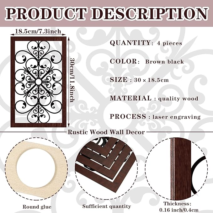 4 Pieces Thicken Rustic Wall Decor Modern Farmhouse Wooden Hollow Carved Design Wall Art for Living Room Bedroom Hallway Decor Office Kitchen Wall Decoration (Traditional Style)