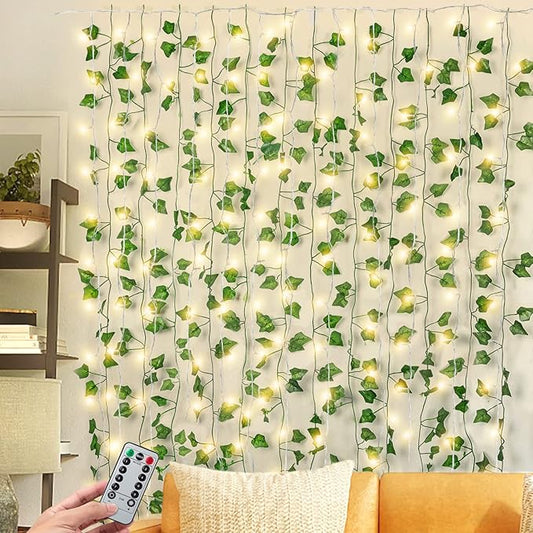 JACKYLED 84Ft 12 Pack Artificial Ivy Garland Fake Plants with 240 LED Curtain Lights USB Plug in/Battery Operated, 8 Modes Fairy String Light with Remote Control, for Bedroom Wall Decorations