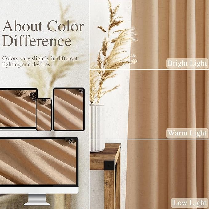 Nanspring Camel Linen Curtains for Living Room 95 Inches Long Back Tab and Rod Pocket Light Filtering Semi Sheer Vintage Rustic Curtain Luxury Boho Decor Drapes for Bedroom Office 52x95, 2 Panels