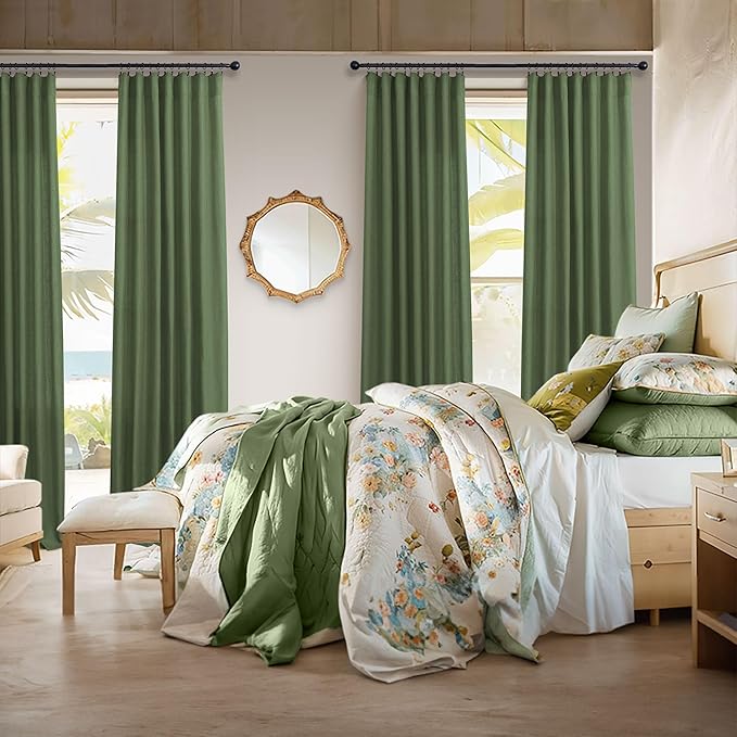 Olive Green Linen Curtains 84 Inch Length for Living Room 2 Panels Back Tab Pocket Moss Green Boho Drapes Light Filtering Sheer Cotton Neutral Aesthetic Army Green Boho Curtains for Bedroom 52x84 Long