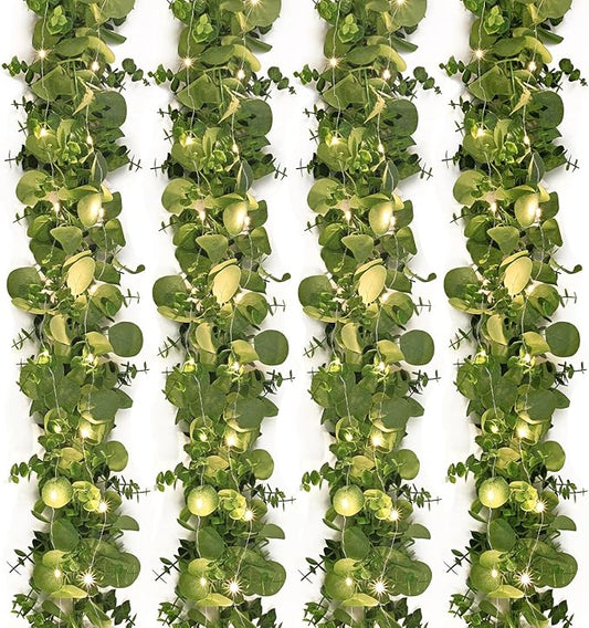 Dolicer 4 Packs 6FT Artificial Eucalyptus Garland with LED Light String, Faux Greenery Garland Hanging Fake Silver Dollar Eucalyptus Leaves Vines for Wedding Backdrop Arch Table Wall Party Home Decor