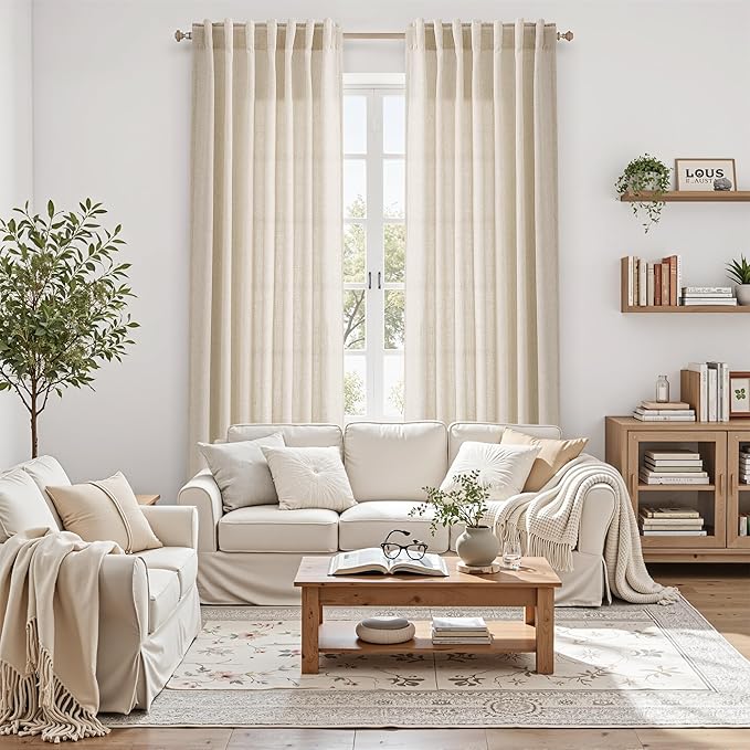 Nanspring Linen Curtains 84 Inch Length 2 Panels Set for Living Room Farmhouse Decor Light Filtering Semi Sheer Curtain Back Tab and Rod Pocket Neutral Luxury Rustic Coastal Drapes for Bedroom 52x84