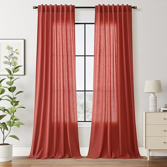 Christmas Red Linen 120 Inch Curtains for Living Room Light Filtering Semi Sheer Curtain Back Tab Vintage Rustic Neutral Luxury Home Decor Floor to Ceiling High Window for Bedroom 52x120,2 Panels