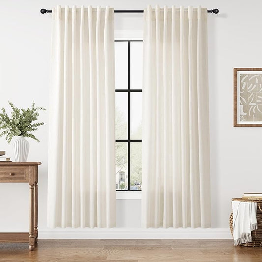 Nanspring Modern Linen Curtains for Living Room 80 Inches Long Light Filtering Semi Sheer Curtain Back Tab Neutral Luxury Modern Farmhouse Decor Linen Blend Drapes for Bedroom 52x80, 2 Panels