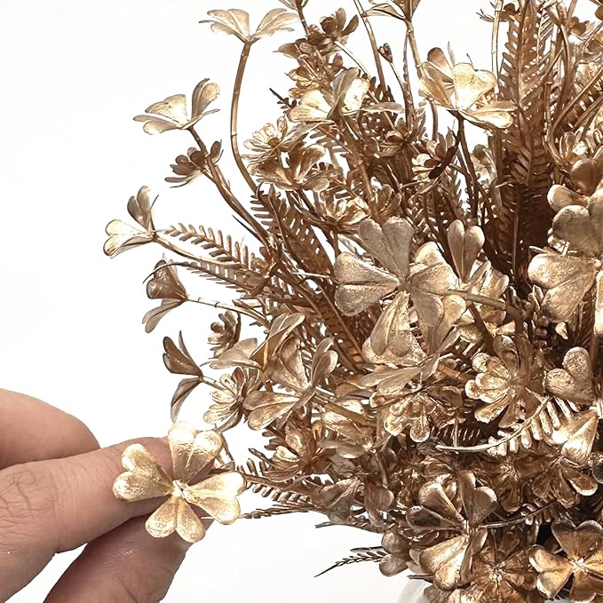 PASYOU Gold Fake Flowers Artificial Shrubs for Christmas Decor, Plastic Plants Faux Leaves Stems Grass Foliage Home Wreath Ornaments Party Hotel Wedding Event Gift DIY Tree Decoration Golden 10 Pack