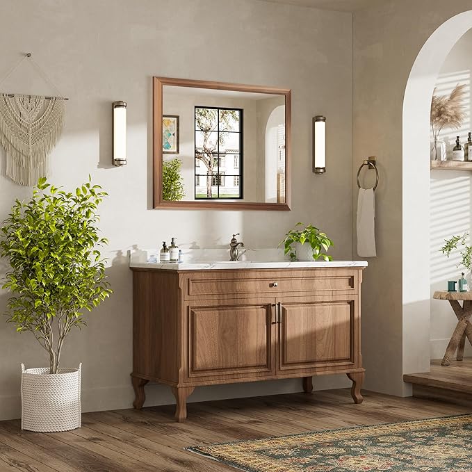 40x32 Inch Bathroom Mirror for Wall, Anti-Rust Walnut Wood Grain Metal Framed Bathroom Mirrors for Over Sink,Rectangler Mirrors for Bathroom Vanity, Farmhouse, Bedroom, Living Room, Entryway Decor