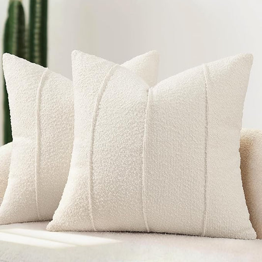 YCOLL Textured Boucle Throw Pillow Covers 22x22 Pack of 2 - Soft Neutral Striped Cushion Covers, Cozy Accent Decorative Pillow Covers for Couch, Sofa, Bed, Living Room (Ivory)