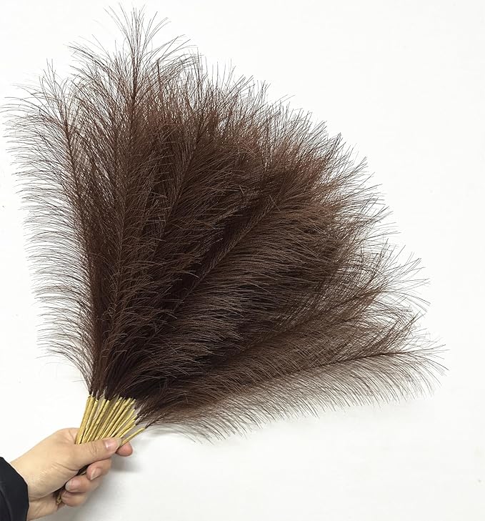Faux Pampas Grass Artificial Fluffy Flowers Brown - 17 Inch 30 Stems, Vase Filler Plant Wedding Home Decor Fake Pampas Grass Stem Floral Plants for Wedding Party Christmas DIY Boho Decorations Coffee