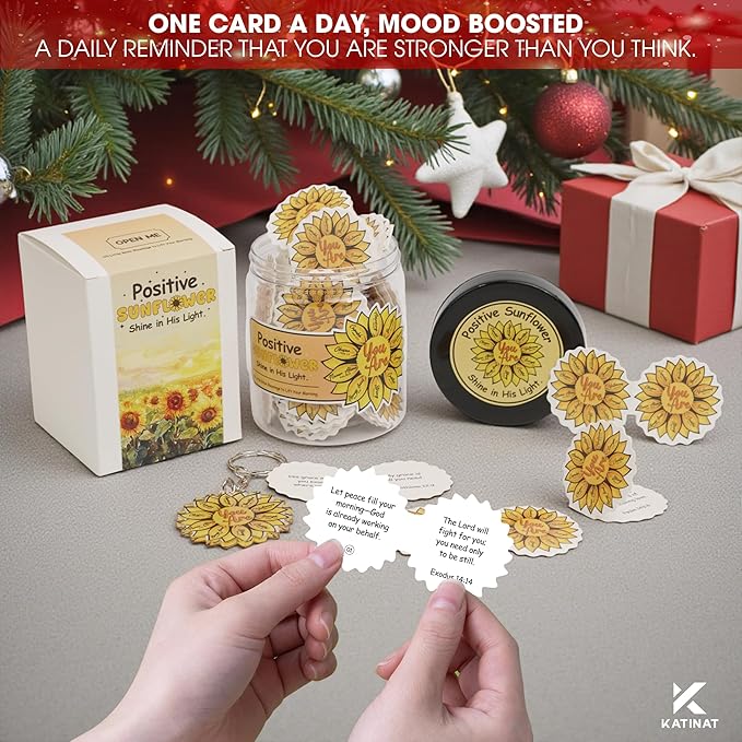 Positive Sunflower Bible Verse Jar – 60 Scripture Cards of Encouragement, Christian Gifts for Women, Religious Sunflower Notes, Inspirational Scripture Jar with Gift Box & Keychain