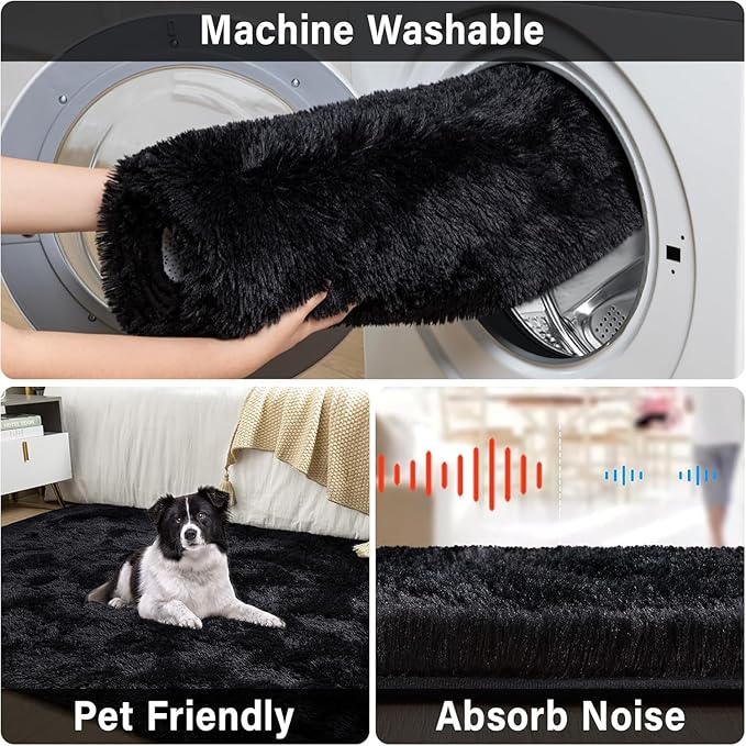 Merelax Soft Modern Indoor Large Shaggy Rug for Livingroom Bedroom Decor Aesthetic, Non-Slip Plush Dorm Kids Room Rug Fluffy Area Rugs Comfy Nursery Kids Plat Mat Accent Floor Carpet 6x9 Feet, Black