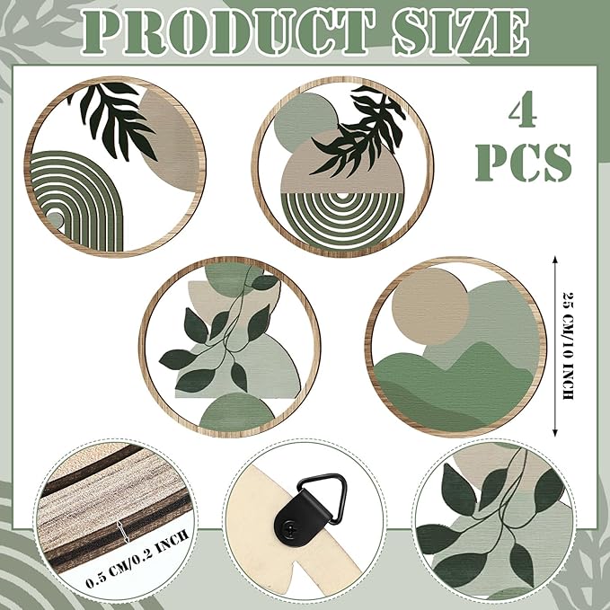 Qunclay 4 Pcs Boho Wall Art Bohemian Wooden Round Circle Wall Decor Hollow out Hanging Farmhouse Aesthetic for Bedroom Living Room Bathroom Bedroom Bathroom Patio Apartment Gift 10 Inch (Green)