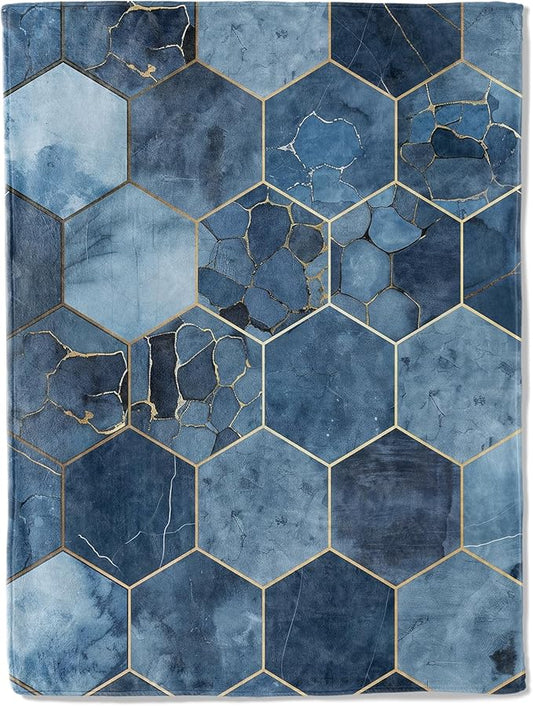 Luxurious Blue Hexagon Throw Blanket 60x80 in, Elegant Blue Gold Blankets for Couch Bedroom Living Room Indoor Decor, Lightweight Soft Cozy Bedding Birthday Gift for Kids Boys Adults