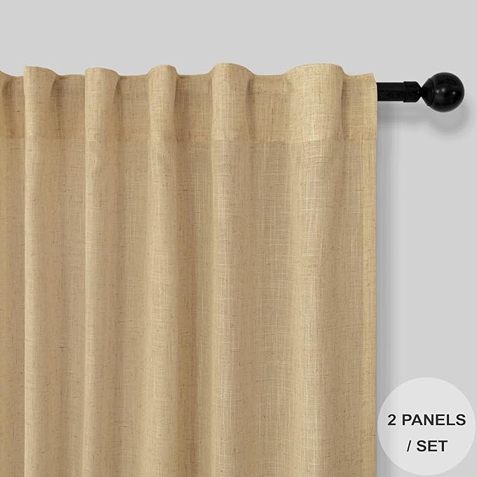 Burlap Color Curtains 63 Inch Length for Bedroom 2 Panel Back Tab Pocket Cotton Canvas Woven Textured Flax Linen Semi Sheer Lightweight Soft Taupe Brown Tan Curtain for Kitchen Cafe Cottage Core Decor