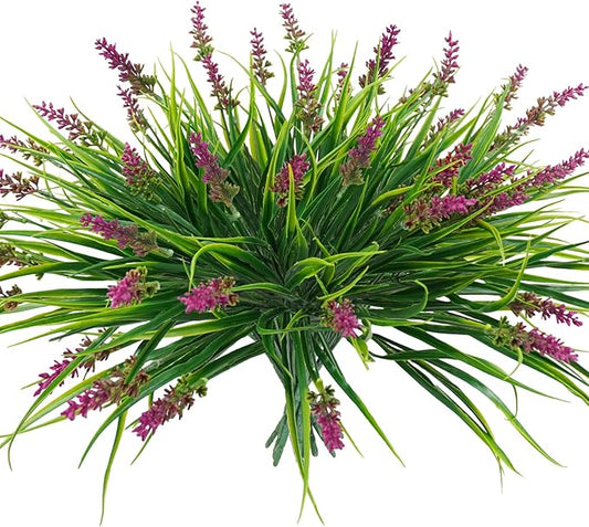 12 Bundles Artificial Plants Outdoor, 18.2" UV Resistant Faux Monkey Grass Greenery Stems No Fade Faux Plastic Flowers Shrubs for Home Weddings Garden Porch Front Patio Office Decor - Rose Red