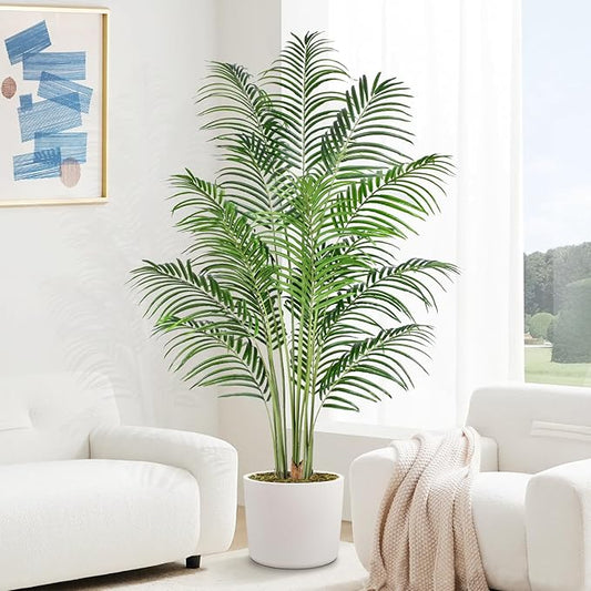 Artificial Palm Tree 6ft Tall Fake Palm Tree Indoor Decor with 18 Leaves and Real Bark Design Faux Tropical Areca Palm Silk Floor Plant in Pot for Home Office Living Room Bedroom Decor 1pcs