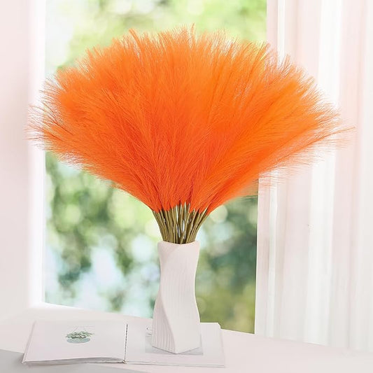 Faux Orange Pampas Grass - 60 pcs 24 Inch Artificial Pampas Grass Decor, Tall Pampas Grass for Floor Vase, Table Centerpieces, Wedding, Party and Living Room Decor (Orange, 60 Pieces)