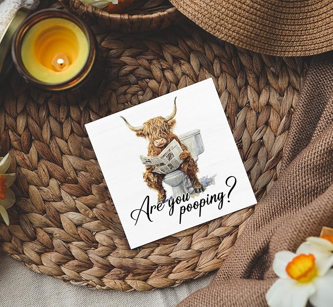 Funny Highland Cow Bathroom Sign, Funny Bathroom Decor, Western Highland Cow Reading Newspaper Wood Decoration Bath Room Decor for Washroom Toilet Counter Shelf Table 5x5 Inch