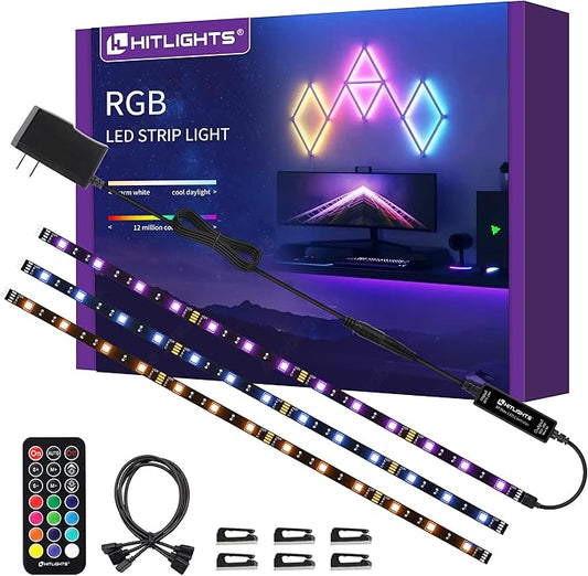 Hitlights LED Strip Lights 3 Pcs 1.64FT RGB Small LED Light Strips Kit Dimmable RGB 5050 Color Changing Tape Lights TV Backlight Display Case Lights Shelves Lighting with RF Remote & UL-Listed Adapter