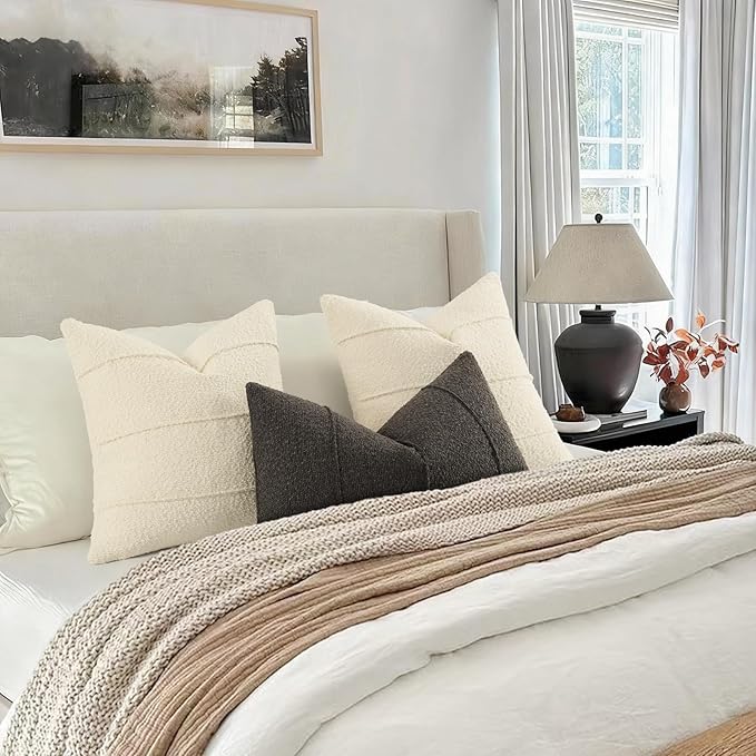 YCOLL Textured Boucle Throw Pillow Covers 18x18 Pack of 2 - Soft Neutral Striped Cushion Covers, Cozy Accent Decorative Pillow Covers for Couch, Sofa, Bed, Living Room (Cream)