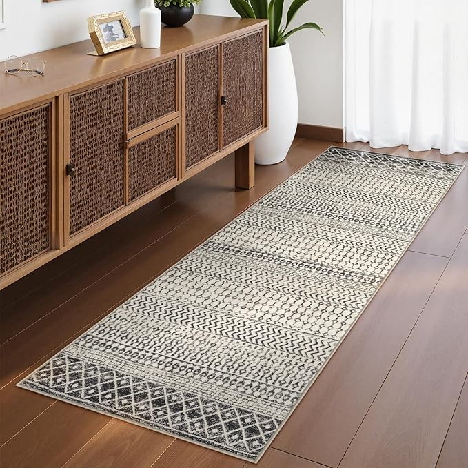 Moroccan Hallway Runner Rug, 2'6''x8' Ktchen Rugs Non Slip Washable, Low-Pile Distressed Bathroom Runner Rug Black Rugs for Bedroom Bathroom Kitchen Entryway Laundry Room