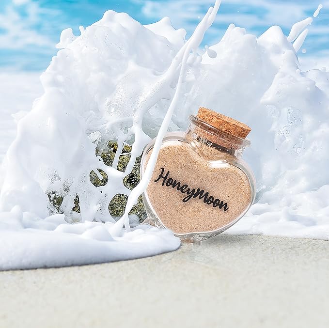 Honeymoon Sand Keepsake Jar, Bridal Shower, Wedding, Engagement, Honeymoon, Travel Gift for Couples, Newlywed, Fiance(Gift Box Includes) - 40ml Heart Shape Glass