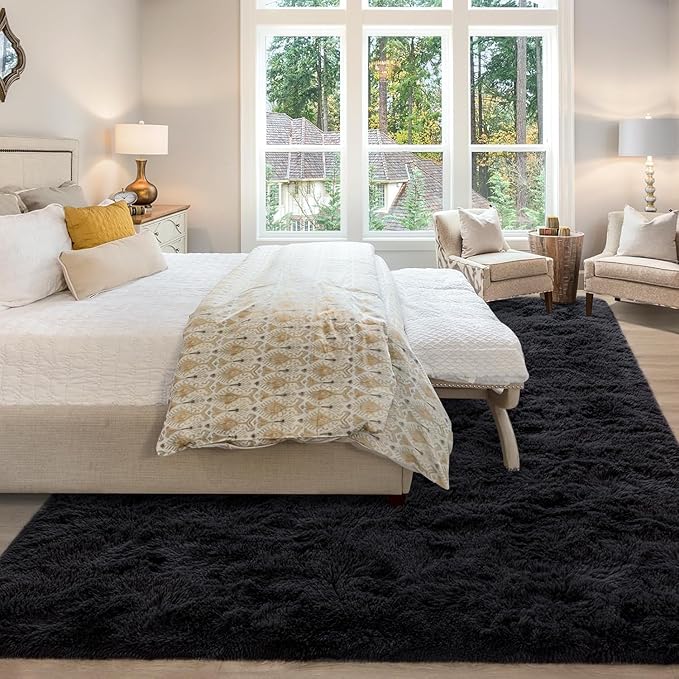 Merelax Soft Modern Indoor Large Shaggy Rug for Livingroom Bedroom Decor Aesthetic, Non-Slip Plush Dorm Kids Room Rug Fluffy Area Rugs Comfy Nursery Kids Plat Mat Accent Floor Carpet 6x9 Feet, Black