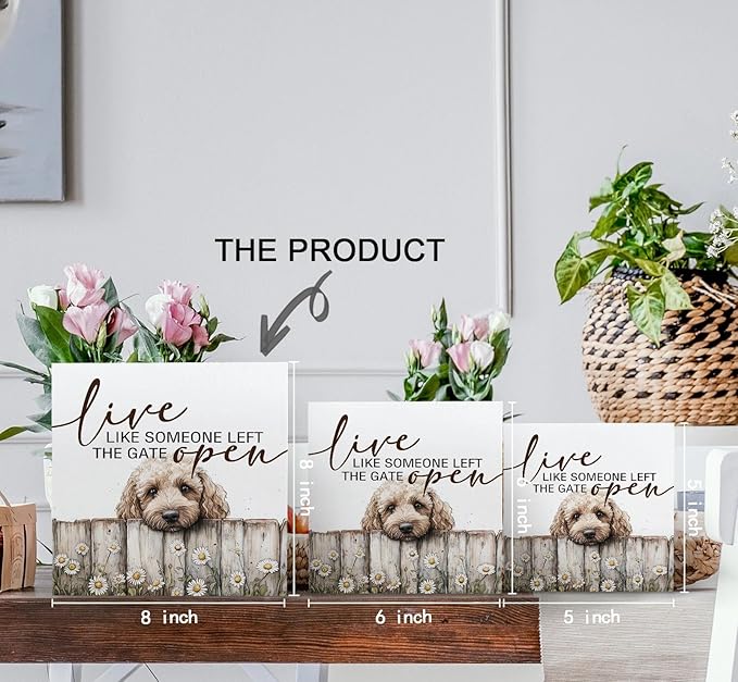 Goldendoodle Wooden Box Sign, Rustic Farmhouse Live Like Someone Left the Gate Open Signs for Home Decor,Farm Dog Office Kitchen Bedroom Decor,Goldendoodle Gifts for Kids Women Men,8x8