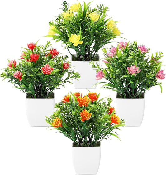 4 Pack Small Artificial Plants with Flowers - Mini Fake Potted Plants for Home Decor Indoor, Office Desk, Bathroom, Shelf, Table Decorations