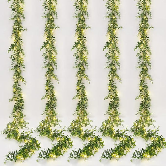 Dolicer 5 Packs Eucalyptus Garland with LED Lights String, 30Ft Faux Eucalyptus Greenery Garland, Artificial Hanging Green Eucalyptus Leaves Vine Wedding Backdrop Arch Wall Table Decor (Grey Green)