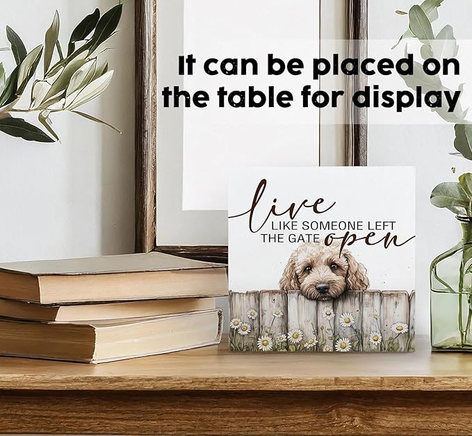 Goldendoodle Wooden Box Sign, Rustic Farmhouse Live Like Someone Left the Gate Open Signs for Home Decor,Farm Dog Office Kitchen Bedroom Decor,Goldendoodle Gifts for Kids Women Men,8x8