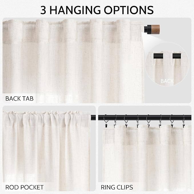 Ivory White Linen Back Tab Curtains 84 Inch Length for Bedroom/Living Room 2 Panel Set Neutral Modern Farmhouse Window Privacy Semi Sheer Linen Drapes Rustic Pinch Curtain Ivory 52X84