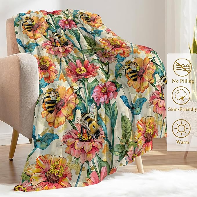 Bee Blooms Throw Blanket 40x50 in, Vibrant Bees and Flowers Pattern Blankets for Couch Bedroom Living Room Indoor Decor, Lightweight Soft Cozy Bedding Birthday Gift for Kids Boys Adults