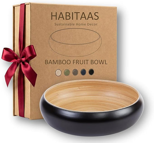 Fruit Bowl For Kitchen Counter, Decorative Bowl, Large Serving Bowl Or Fruit Basket For Kitchen Spun Bamboo (Black)