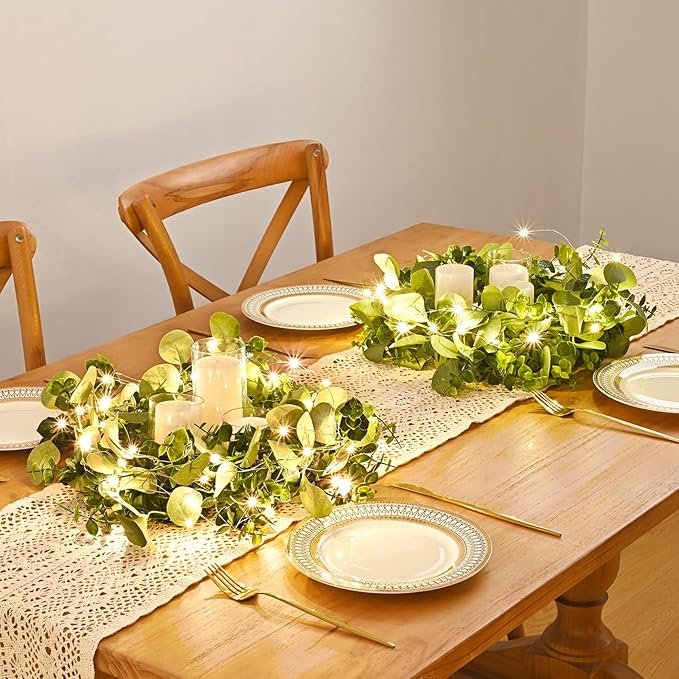 Dolicer 6 Packs 6FT Artificial Eucalyptus Garland with LED Light String, Faux Greenery Garland Hanging Fake Silver Dollar Eucalyptus Leaves Vines for Wedding Backdrop Arch Table Wall Party Home Decor