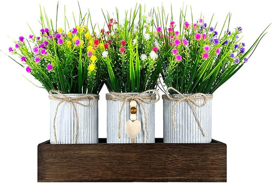 Gypsophila Baby's Breath Artificial Flowers in Rustic Metal Pots and Wood Tray, Table Centerpiece Decorations Fake Flowers for Home Décor